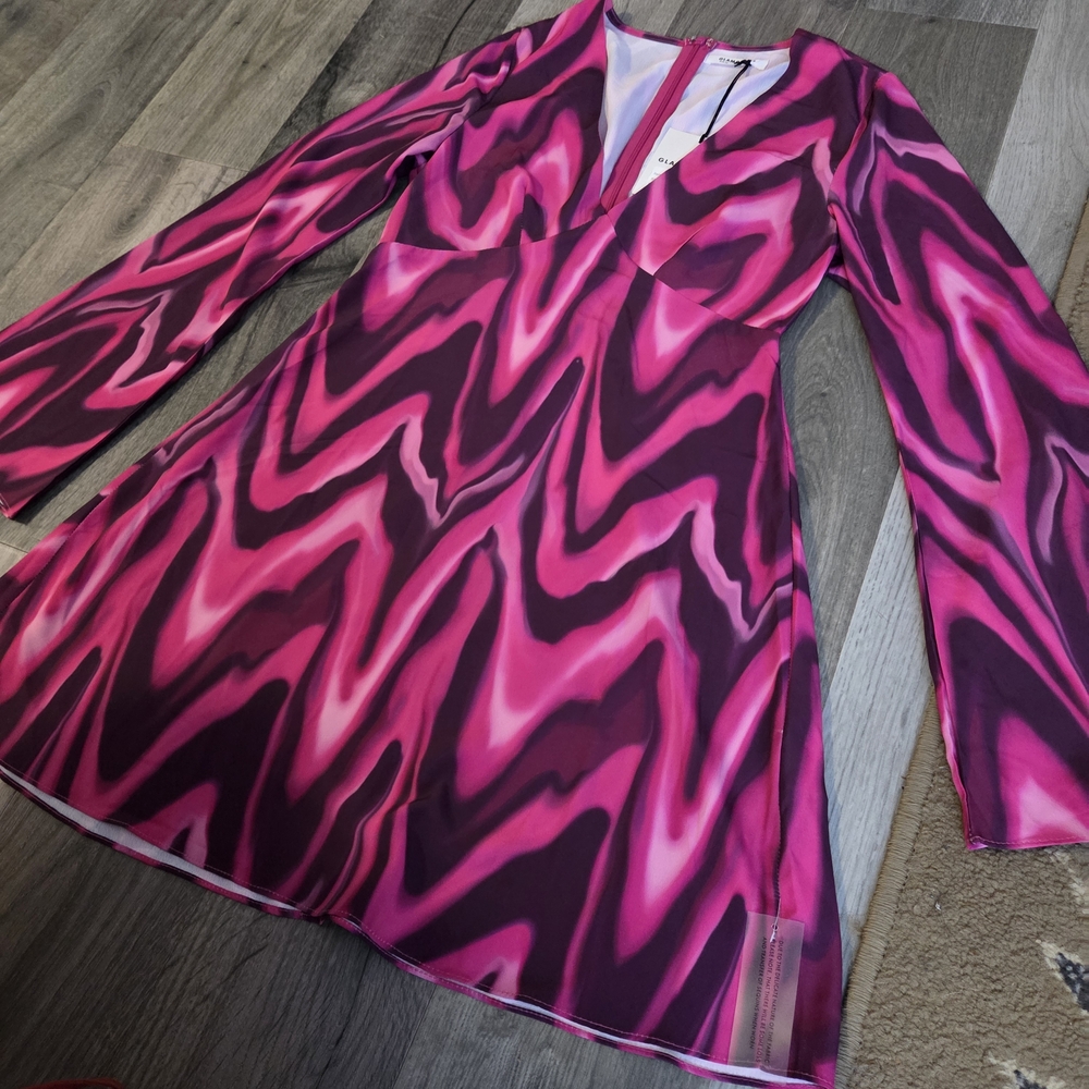 Glamorous Pink Purple Wave Print Mini Dress Y2K Psychedelic V-Neck Long Sleeve - Picture 5 of 8